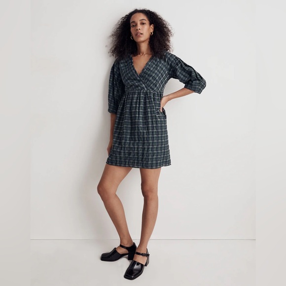 NWT Madewell Marianna Puff-Sleeve Mini Dress in Green Plaid Size Medium - Picture 2 of 12